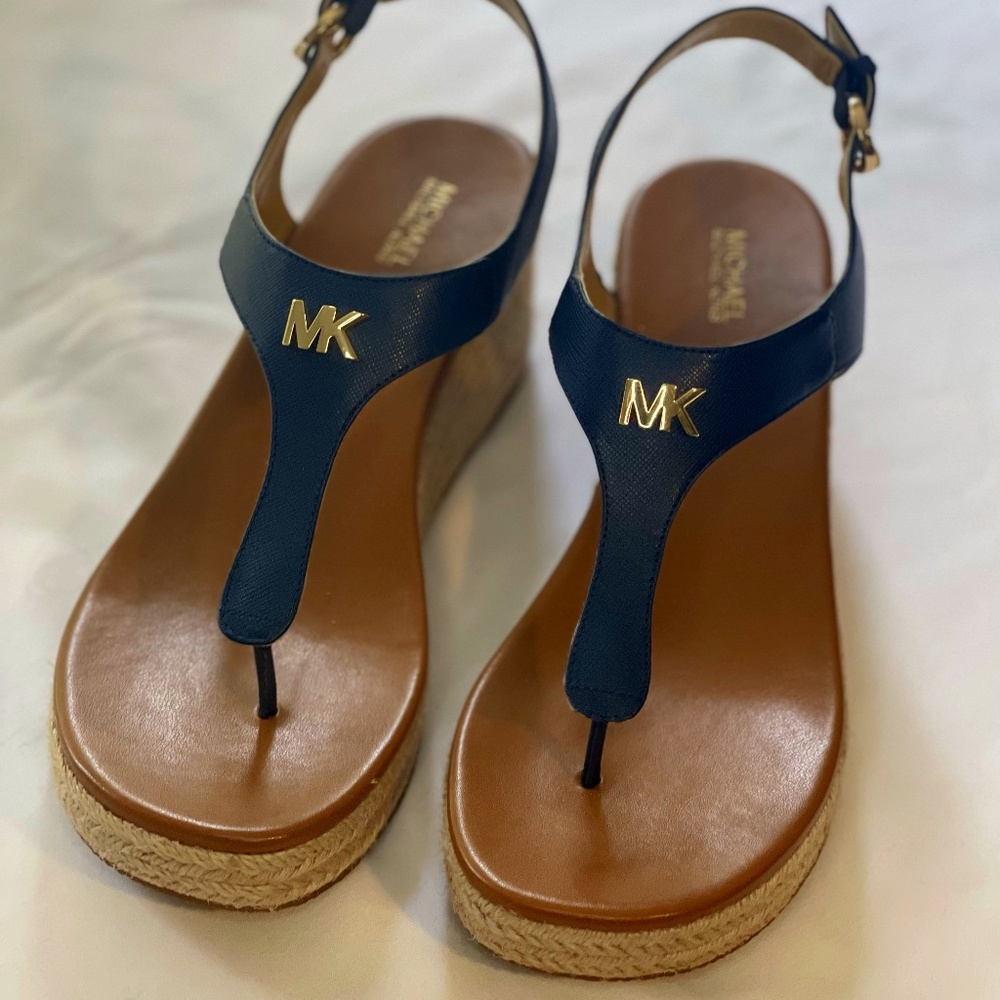 MICHAEL Michael Kors Saffiano Leather Wedge Sandals - Navy Sz 8.5